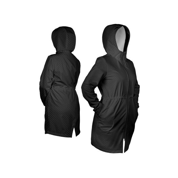 Panel szabásmintával 44-es női softshell kabát 4 mm-es fehér pöttyök  feketén | takoy.hu