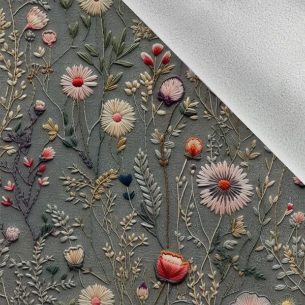 Panel szabásmintával prémium pamutból gyerek körszoknyához réti virágok Antonia hímzés utánzat szürke
