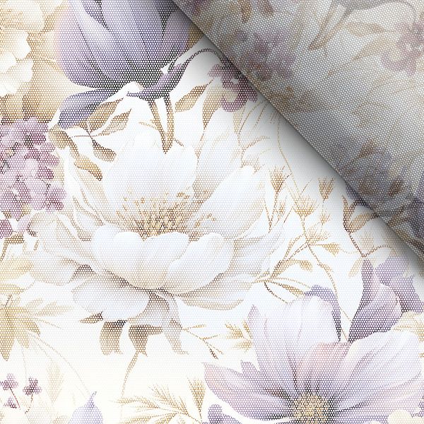 Fényes elasztikus szatén lila virágok Vilma