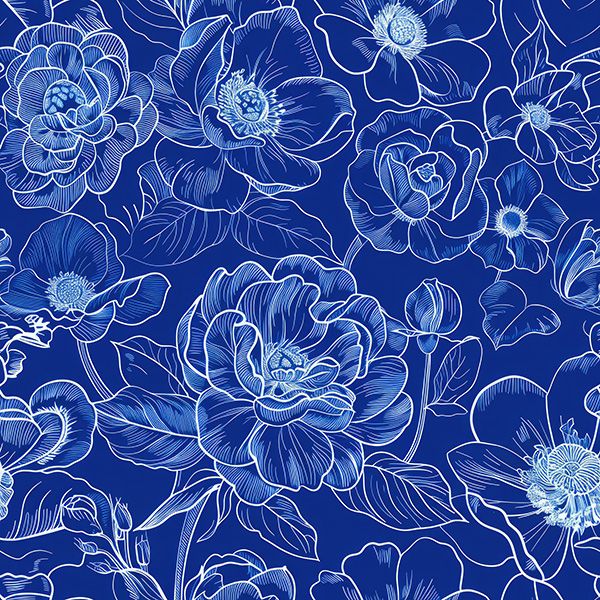 Bársony / velvet szövet Doris - Kékfestő jellegű imitáció - virágok