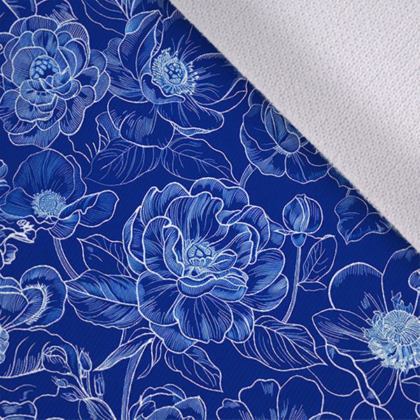 Közepes félmatt szatén, elasztikus Kékfestő jellegű imitáció - virágok