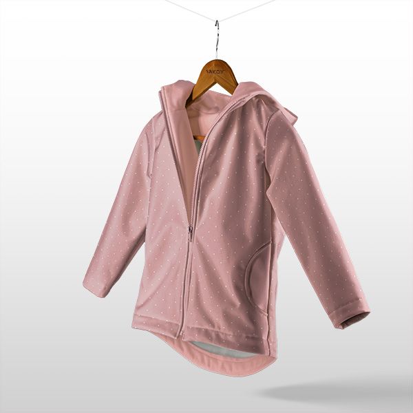 Panel szabásmintával 146-os softshell kabát fehér pöttyök fáradt rózsaszín alapon
