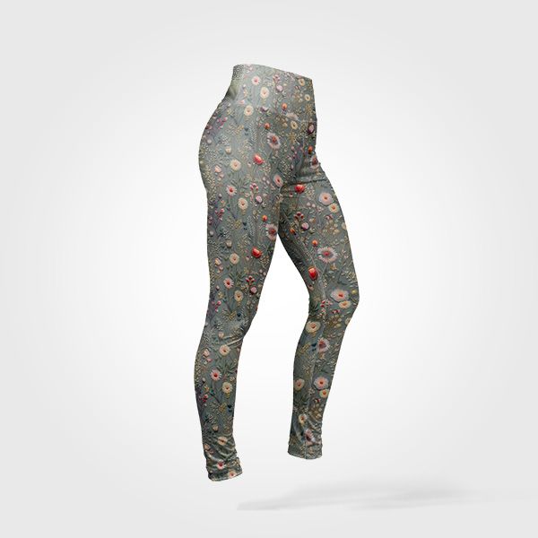 Panel szabásmintával 40-es méretű Slim fit leggings réti virágok Antonia hímzés utánzat szürke alapon, sport fürdőruha anyagon