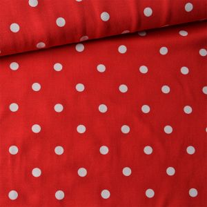 Jersey anyag – 1 cm széles fehér-piros pöttyös