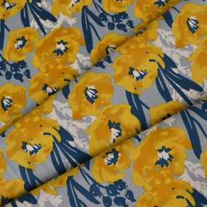 Popelín pamut anyag Bibi szürke - sárga virág